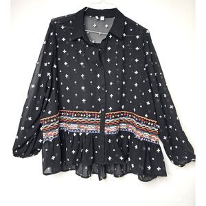 Black Embroidered Boho Peplum Blouse Sheer 18/20W Cato Button Front Ethnic